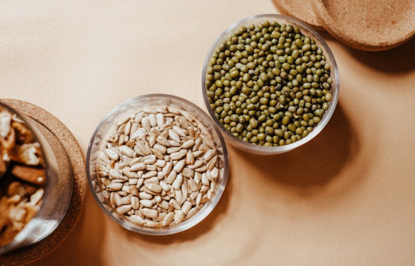 beans and pulses in bowls, plan view