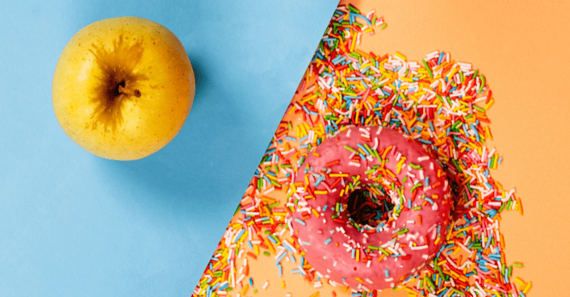 an apple and a donut on different backgrounds